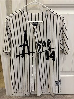 STARTER A$AP Rocky White and Black Pinstripe Baseball Jersey with Graphic 14